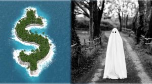 Concepto de sociedad offshore y fantasma cubierto con sábana en blanco en medio de un bosque.